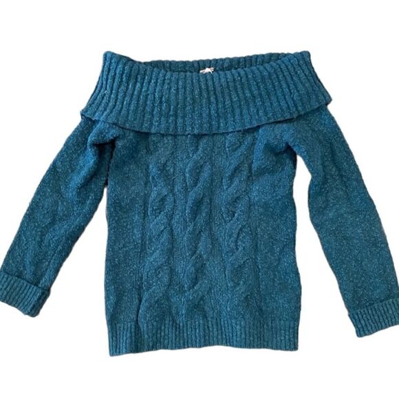 Free People- Cable Foldover Off The Shoulder Sweater in Teal Blue, Size Large - Picture 7 of 9